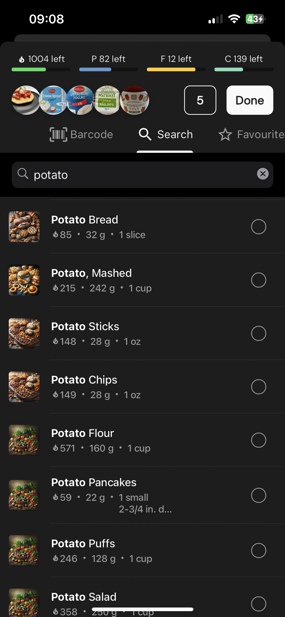 Extensive food database with fast logging functionality