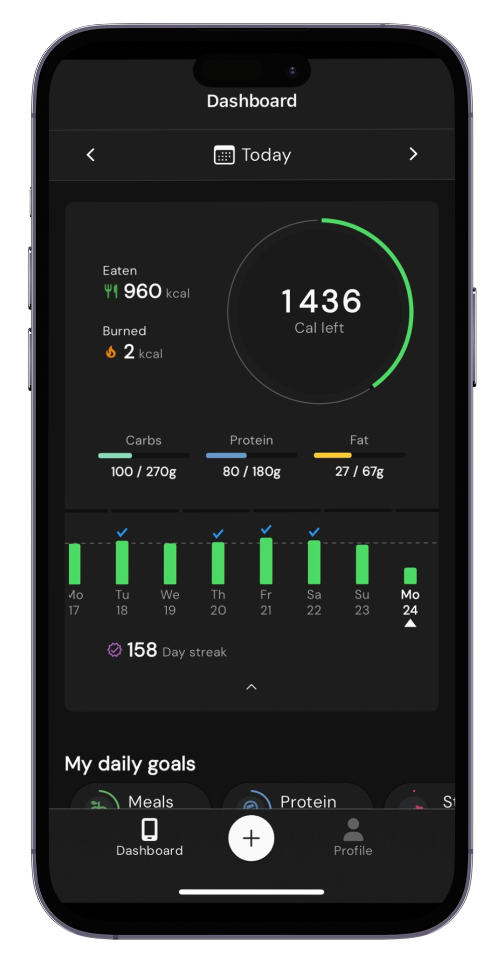 screenshot from app dashboard track calories 